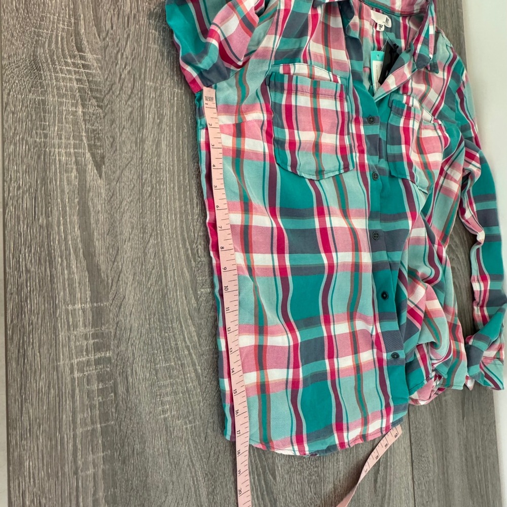 Kut from the Kloth Caillen Flannel Relaxed Button Down Top Pink Aqua Plaid XL - Picture 12 of 14